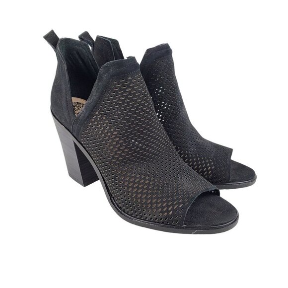 Vince Camuto Kensa Peep Toe Heeled Booties Black Perforated Low Side Size 11 - Picture 1 of 13
